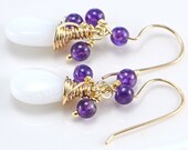 Gold Filled Wire-Wrapped White Jade Briolettes and Amethyst Earrings