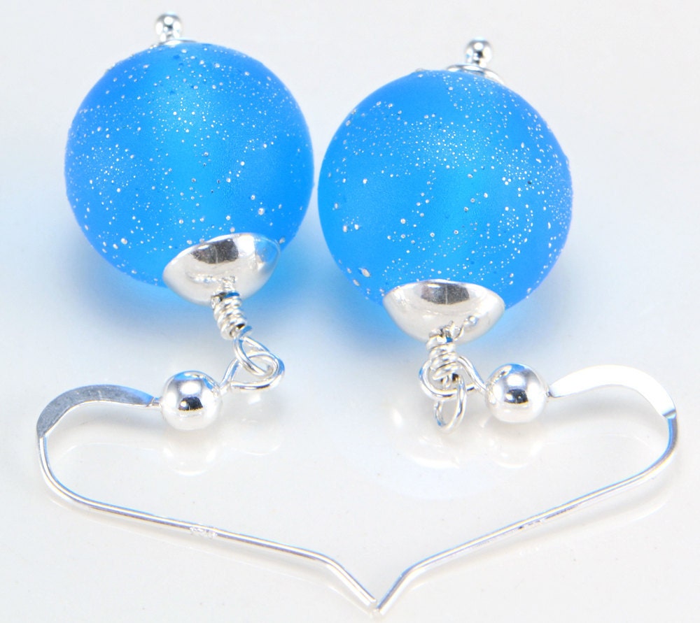 Shimmery Aqua Blue Lampwork and Sterling Silver Earrings