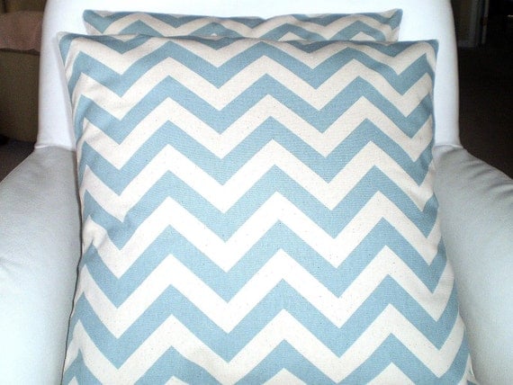 Decorative Pillows Chevron Pillows Accent Pillows Throw Pillow Cushion Covers Blue Natural Cream Zig Zag BOTH SIDES - Pair of Two 18 x 18