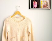 pointelle knit cardigan in CREAM eyelet open work bateau pocket sweater size xs