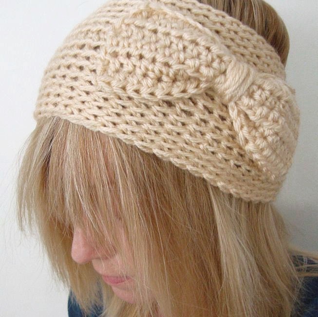 Crochet Wide Head Warmer Creamy Natural with Crochet Bow