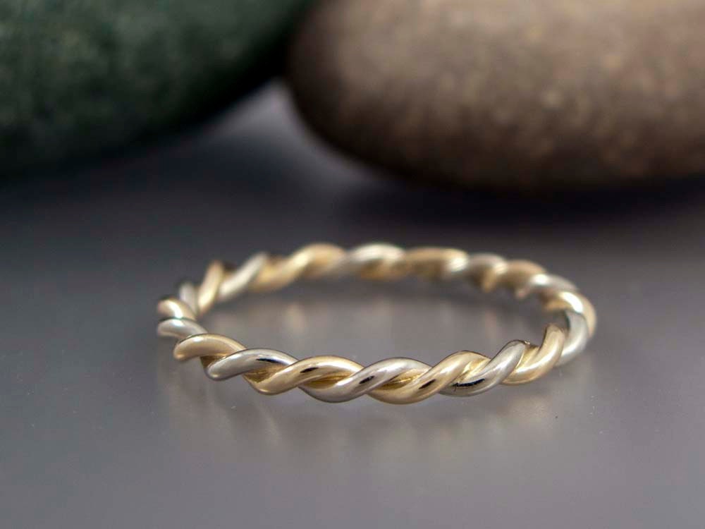 14k Gold Wedding Ring - Two Tone Twist in Solid Rose Gold, White Gold or Yellow Gold - 2 mm wide