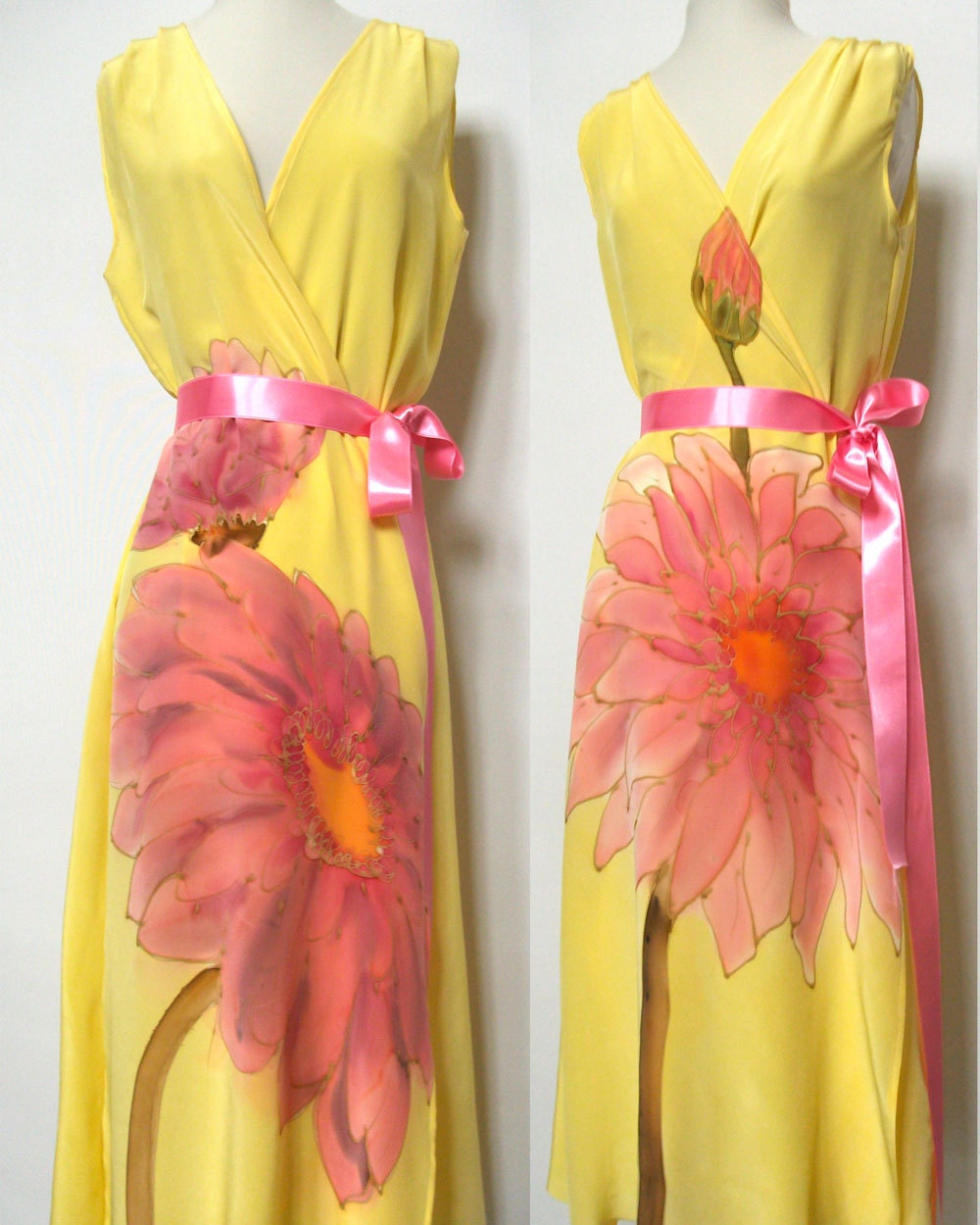 Two Floral Hand Painted Custom Made Silk Bridesmaids Prom Formal Wrap Dresses  Romantic Floral Flower Elegant  Spring  Summer Butterfly Hem - TanjaDesign