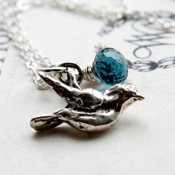 London Blue Topaz Necklace, Sterling Silver Bluebird Pendant Gemstone Jewelry - Fly Away with Me