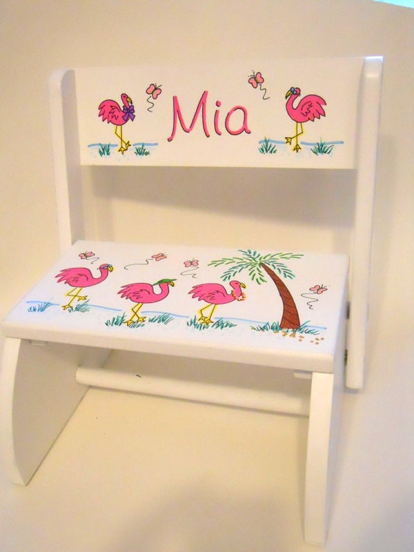 Child's Stool Pink Flamingos Butterflies Personalized