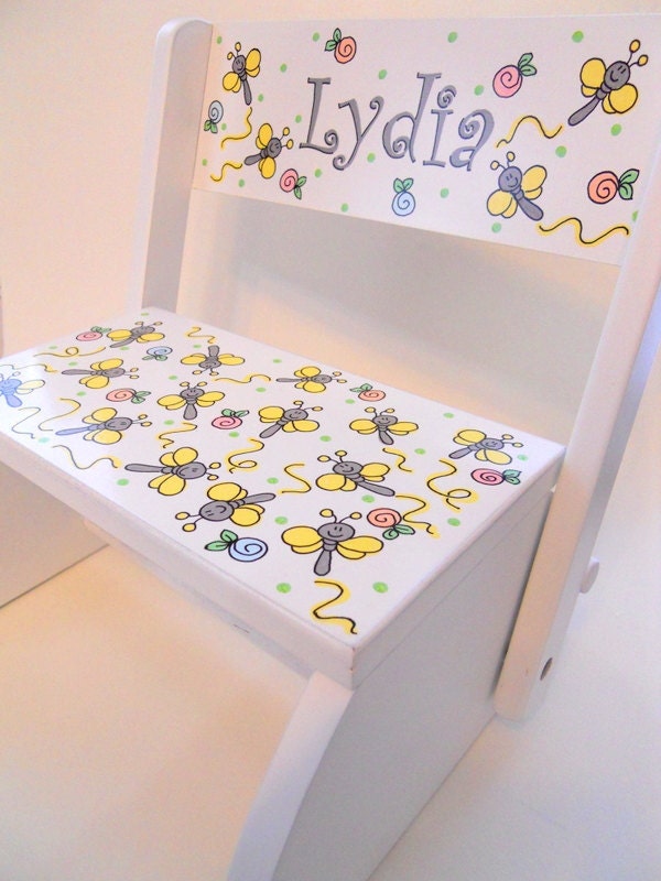 Soft Yellow and Gray Dragonflies Child's Stool Personalized