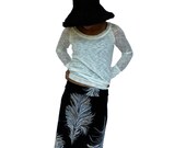 Feather Print A-line Skirt, Black, White and Tan Jersey Travel Skirt