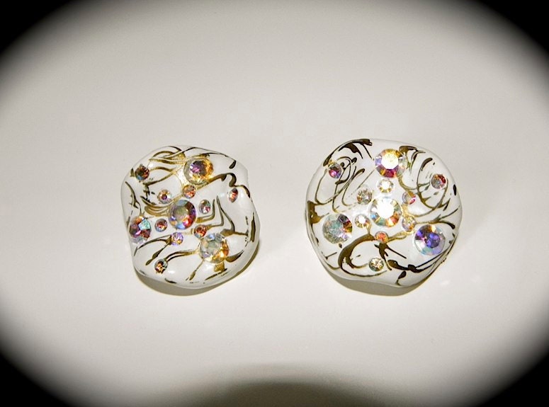 Vintage 50s White Bakelite style COOKIE Earrings with Aurora Rhinestones -on sale-