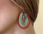Colorful Three Tiered Boho Earrings with Vintage Speckled Glass, Womens Earrings, Hipster, Dangles, Summer Earrings, Red Lime Green Sky Blue