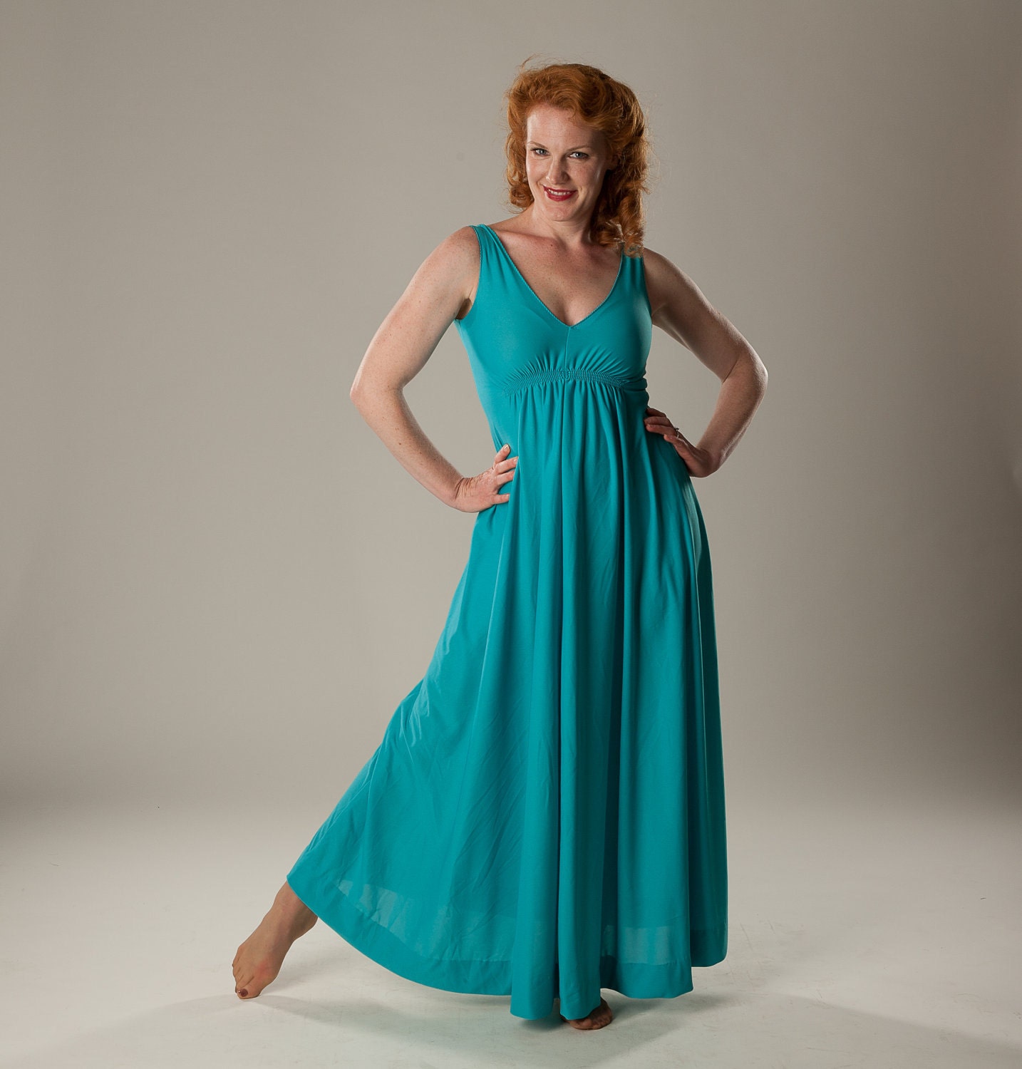 Vintage 1960s Maxi Dress Blue Jersey Summer Fashions 1970s