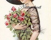 Victorian Lady Holding Bouquet of Roses Digital Art Image