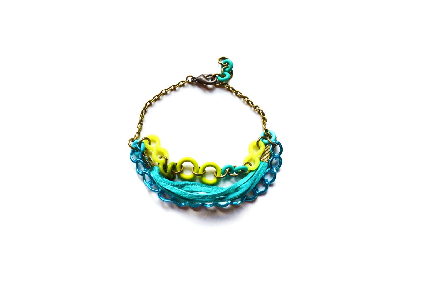 Neon Friendship Bracelet Color Block Leather Turquoise Fringe Charm Bracelet