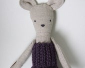 Penelope the linen mouse doll goes to school in her purple knit dress. - mimiandlu