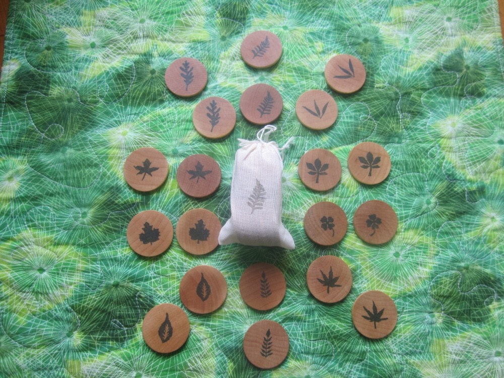 Leaf memory game, 10 pairs of leaves on wooden discs