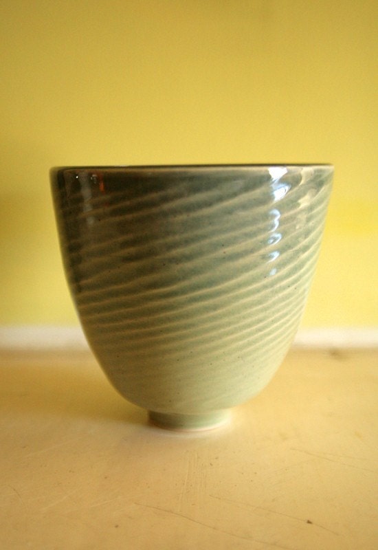 Tall Textured Celadon Green Bowl / Wheel-Thrown Art Piece / "LAPPING WAVES"