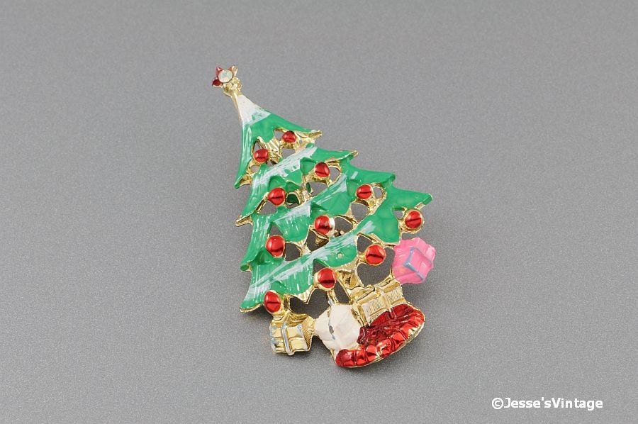 Christmas Tree Brooch Red Ornaments & Presents