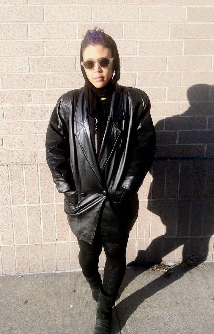 SALE 90s Black Leather & Leopard Suede Coat Small