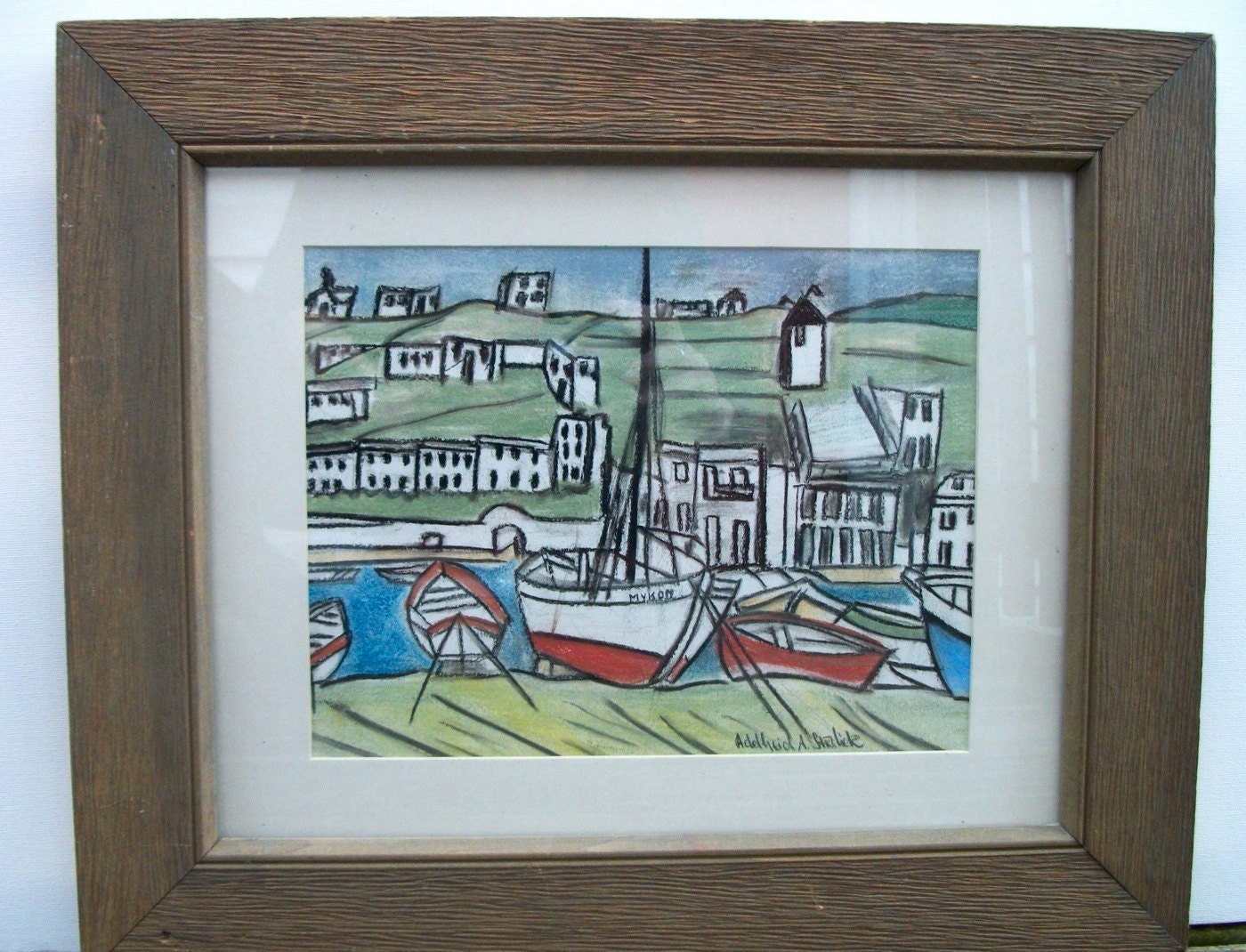 Framed Original Pastel Drawing of Seaport in Greece