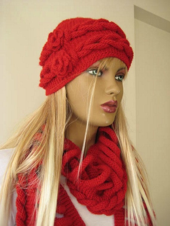 Winter Hat - Red Hat, Beret - Claret Red Cable Adult Beanie Hat with Crochet Red Flowers - Gift for Her - Ready for Shipping
