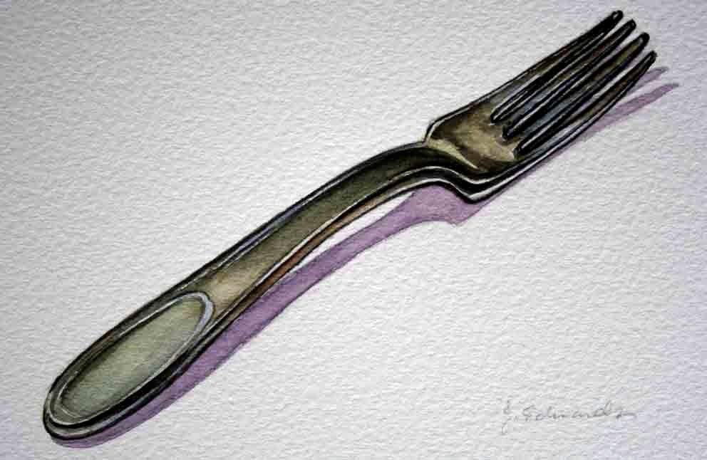 Fork Painting Tarnished Antique Fork - Original Watercolor- Nightly Study 326