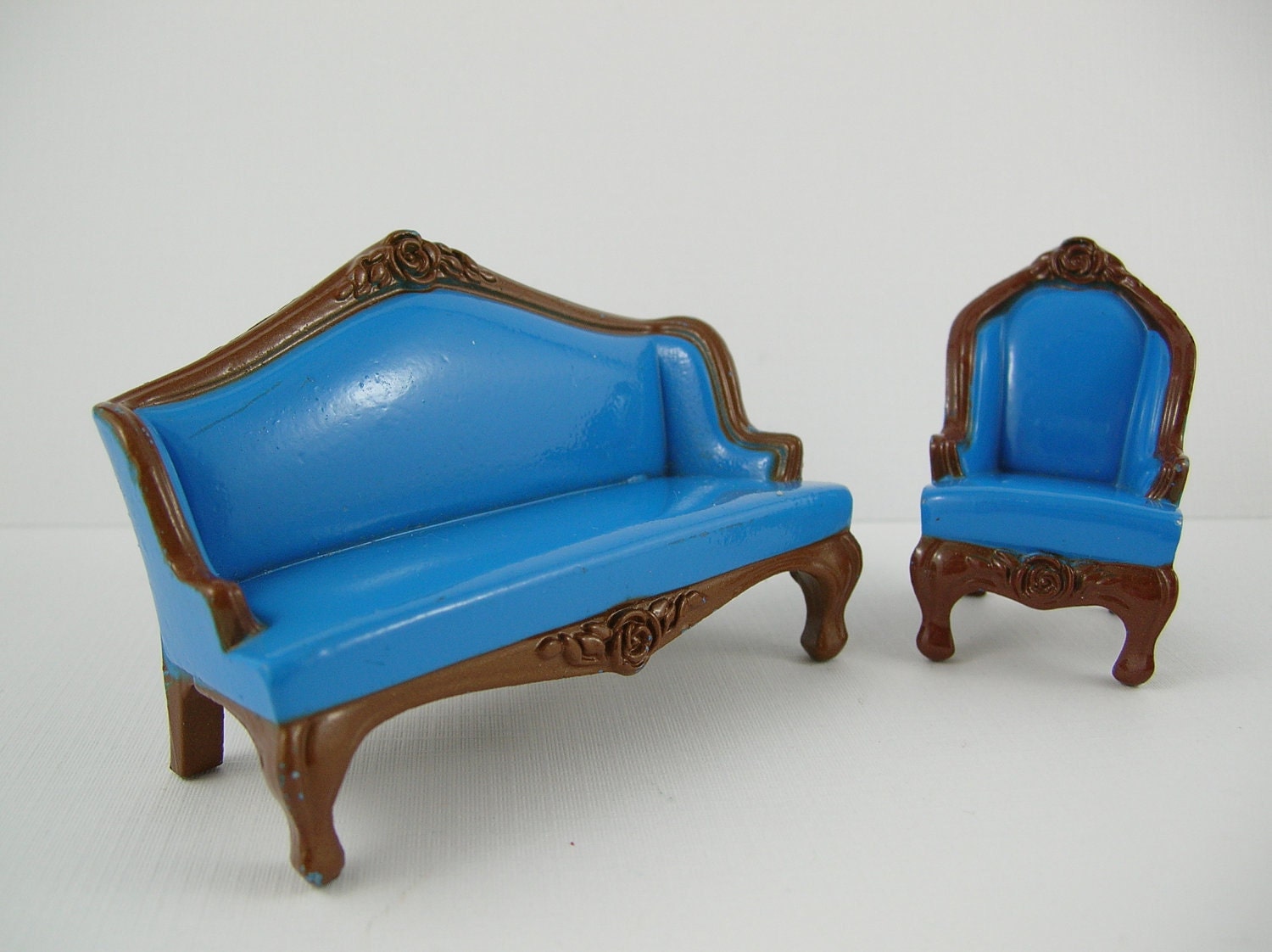Vintage Doll Furniture METAL Couch Chair set BLUE Die Cast littles House Sofa 1980s 80's Novelty photo prop diorama Kids Doll Furniture