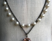 Estate Style Necklace, Pearl, Swarovski, Faceted Stone, Blush Necklace