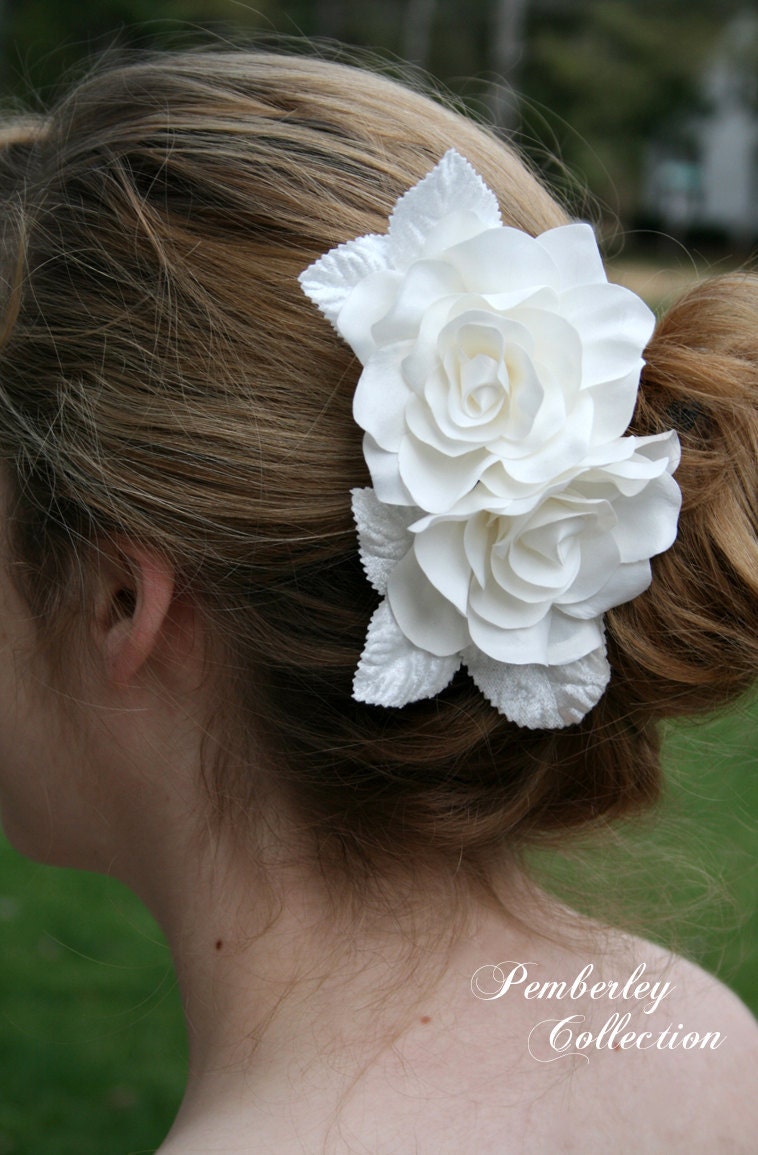 Bridal Hair Flower, Bridal Comb, Ivory, Rose Head Piece, Velvet Leaves