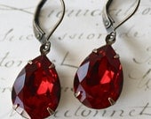 Ruby Red Swarovski Crystal Earrings, Vintage Style, Tear Drop, Estate Style, Valentine's Day