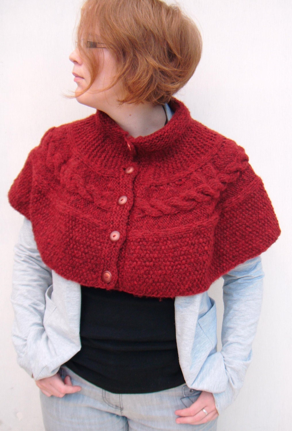 Shoulder warmer, Button up Cape, Cable Capelet - Deep Wine Red