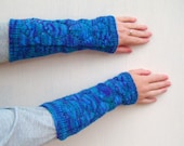 Knit Arm Warmers, Long, Diamond Openwork Pattern - Denim Blue, Purple, Dark Green, Light Blue melee