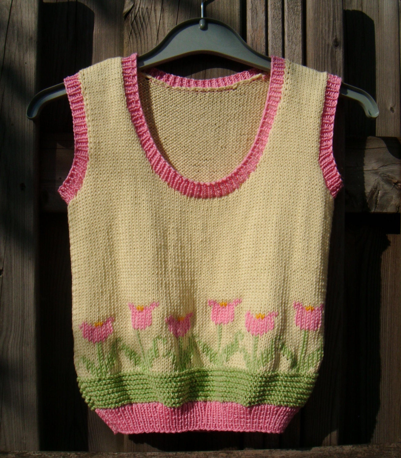 Girl Sleeveless Top, Tulip Flower Sweatervest Pullover,  Hand Knit Children Clothing, Kids age 3 - 5 - Yellow, Pink, Green