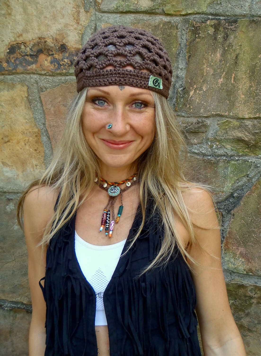 BOHO BROWN cotton BEANIE hat crochet hat hippie beanie chic earth color Brown kufi hat skullcap Surf hat