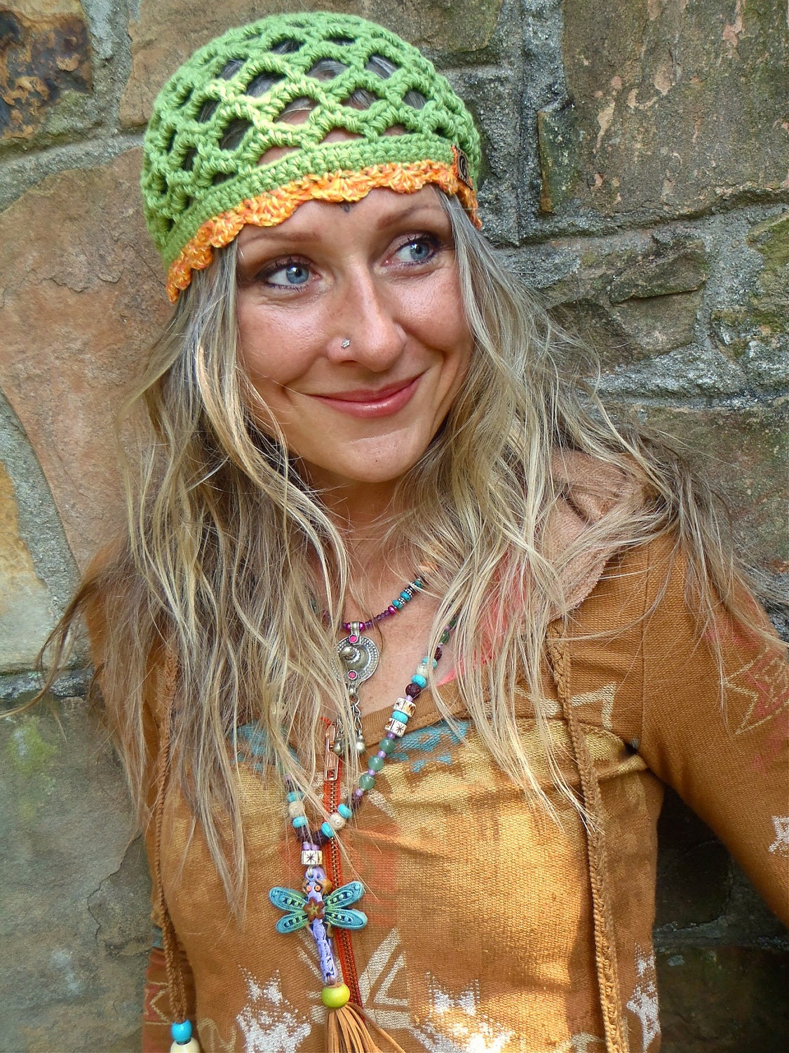Apple green BEANIE hat HIPPY crochet beanie bohemian hat cotton beanie hat GYPSY hat summer urban chic
