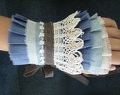 Autumn Sea Ruffles Cuff Monaco Blue Linen Ruffle Cuff Gauntlet Glove with Vintage Crochet Lace - OnePerfectDay