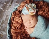 Aaliyah- aqua, mustard, orange & ivory chiffon flower, ruffle and rosette headband