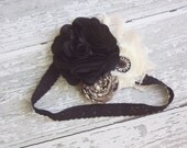 Vogue- chiffon, rosette & satin bloom headband with lace accent