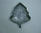Christmas Tree Serving Platter  Silver Tone Metal Made in India  Design has Jingle Bells, Poinsettia FREE Shipping