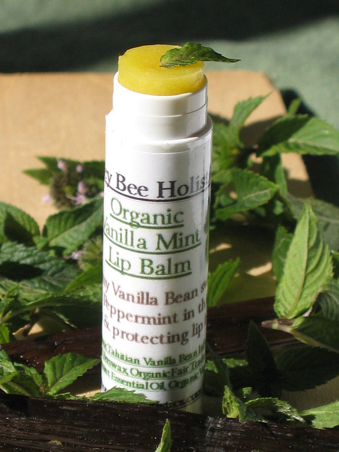 Organic Lip Balm Vanilla Mint made with local beeswax plus REAL Tahitian Vanilla Bean plus Fair trade shea butter