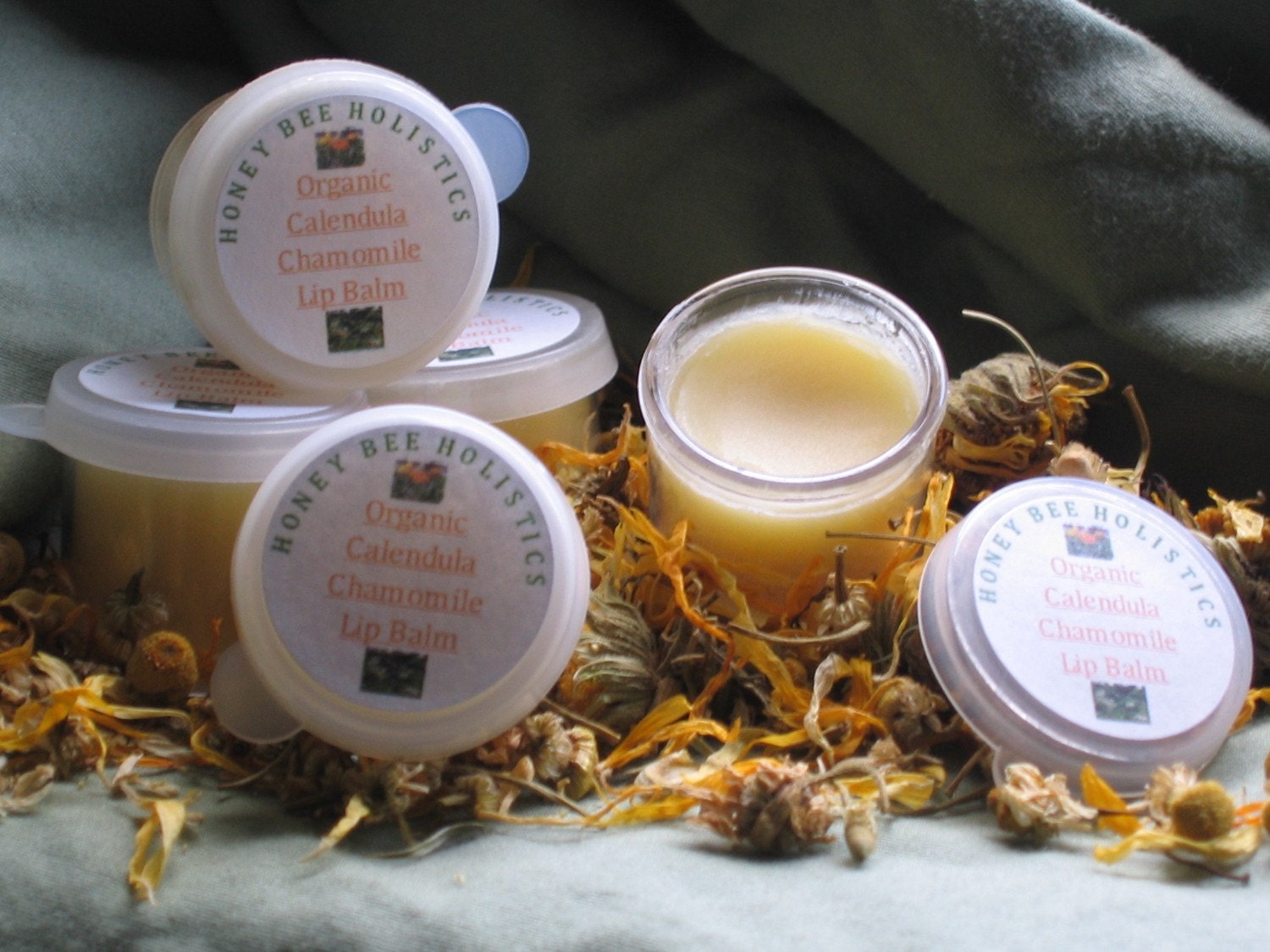 Organic Calendula Chamomile Lip Balm in 1/2oz small size pot w/ Fair Trade Shea Butter and Local Unrefined Beeswax