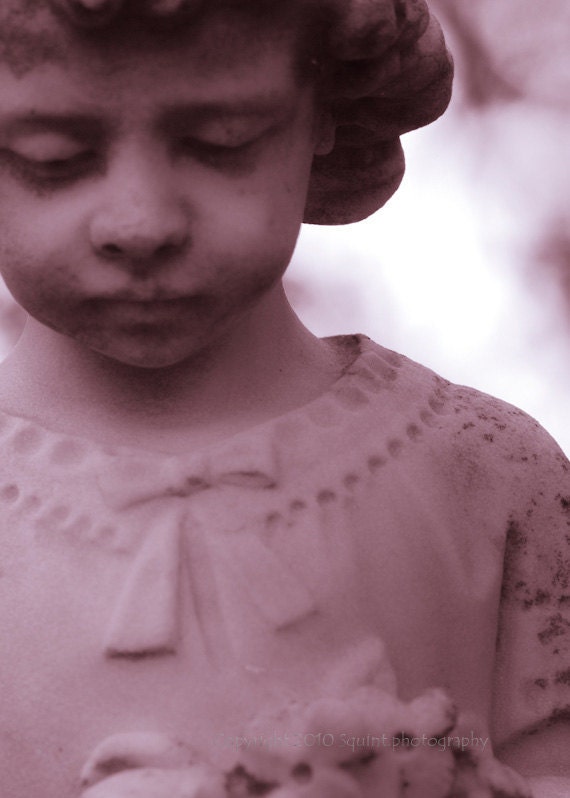 Color Photo - Little Angel - Pink - Angel Photo - Cemetery Statue - Graveyard - 5 x 7 Film Photograph - Fine Art Photography - Nursery Art