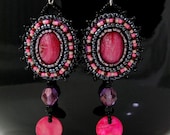 Pink Scarab Earrings - Pink and Black Statement Earrings, Pink Dangly Earrings, Bead Embroidered, Beaded Earrings