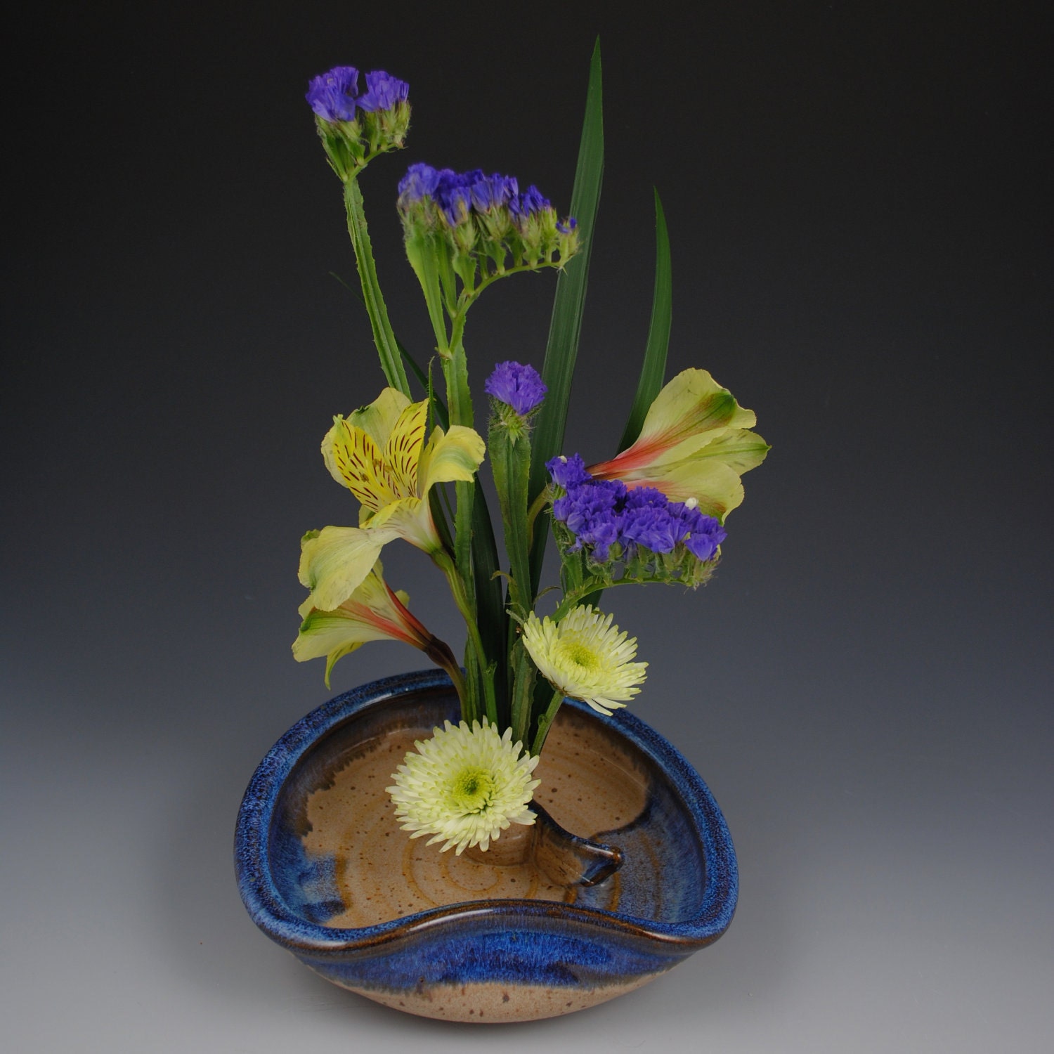 Ikebana Vase - Flower Tray - Flower Dish- Handmade Stoneware with Blue Glazed Rim