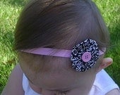 Infant Girls Pink, Black, and White Headband, Flower Headband, Rosette Baby Accessory
