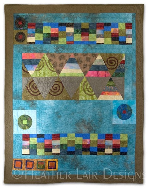 Fabric Art quilt- Modulation in Harmonics -teal blue- geometric- spiral-triangles- hand dyed cotton