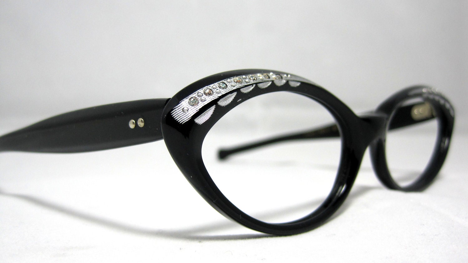 Vintage 50s Cat Eye Glasses. New Old Stock Black and Silver with Rhinestones