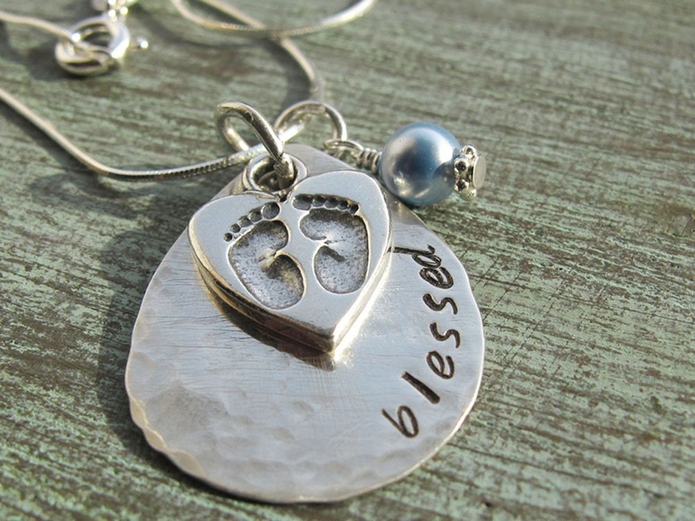 Blessed to be a Mom Handstamped Sterling Silver Teardrop with Baby Footprints - New Mom Baby Shower