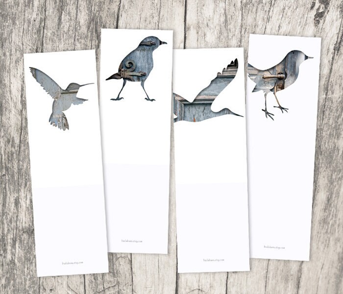 bird silhouette bookmark set, collage photography, set of 4, library, book lover, animal art, rustic, shabby, gray, blue, pastels, bookmarks - bialakura