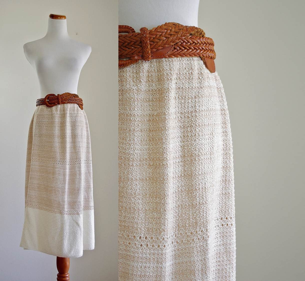 Vintage Boho Skirt -- 70s 80s Knit Heather Beige and Cream  -- Medium Large