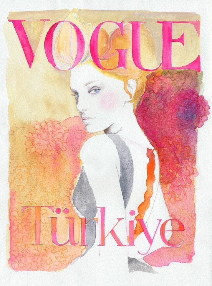 Print of Vogue Cover Watercolor Painting and Fashion Illustration.