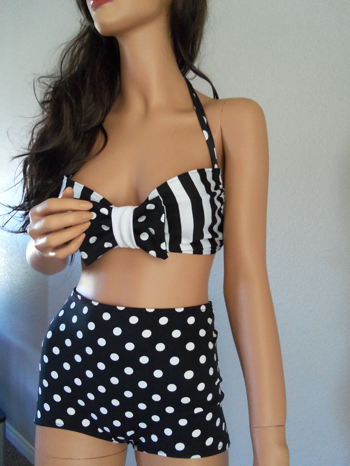 Striped Polka Dot retro high waisted bikini made to order